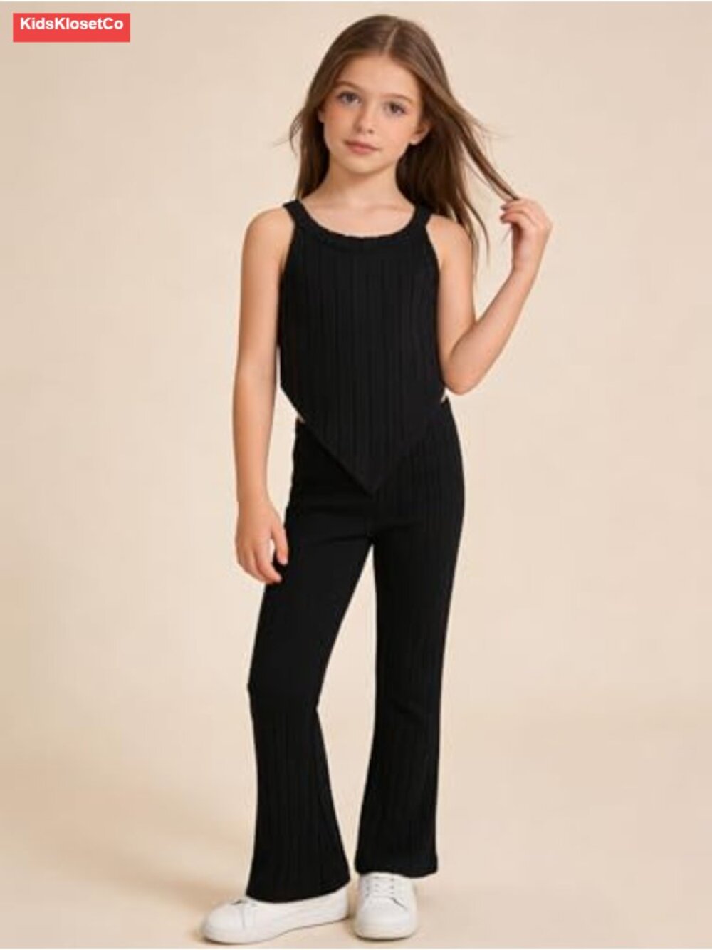 Girls Ribbed Tank Top & Flared Pants Outfit Set 4PC Sleeveless - Picture 2 of 6